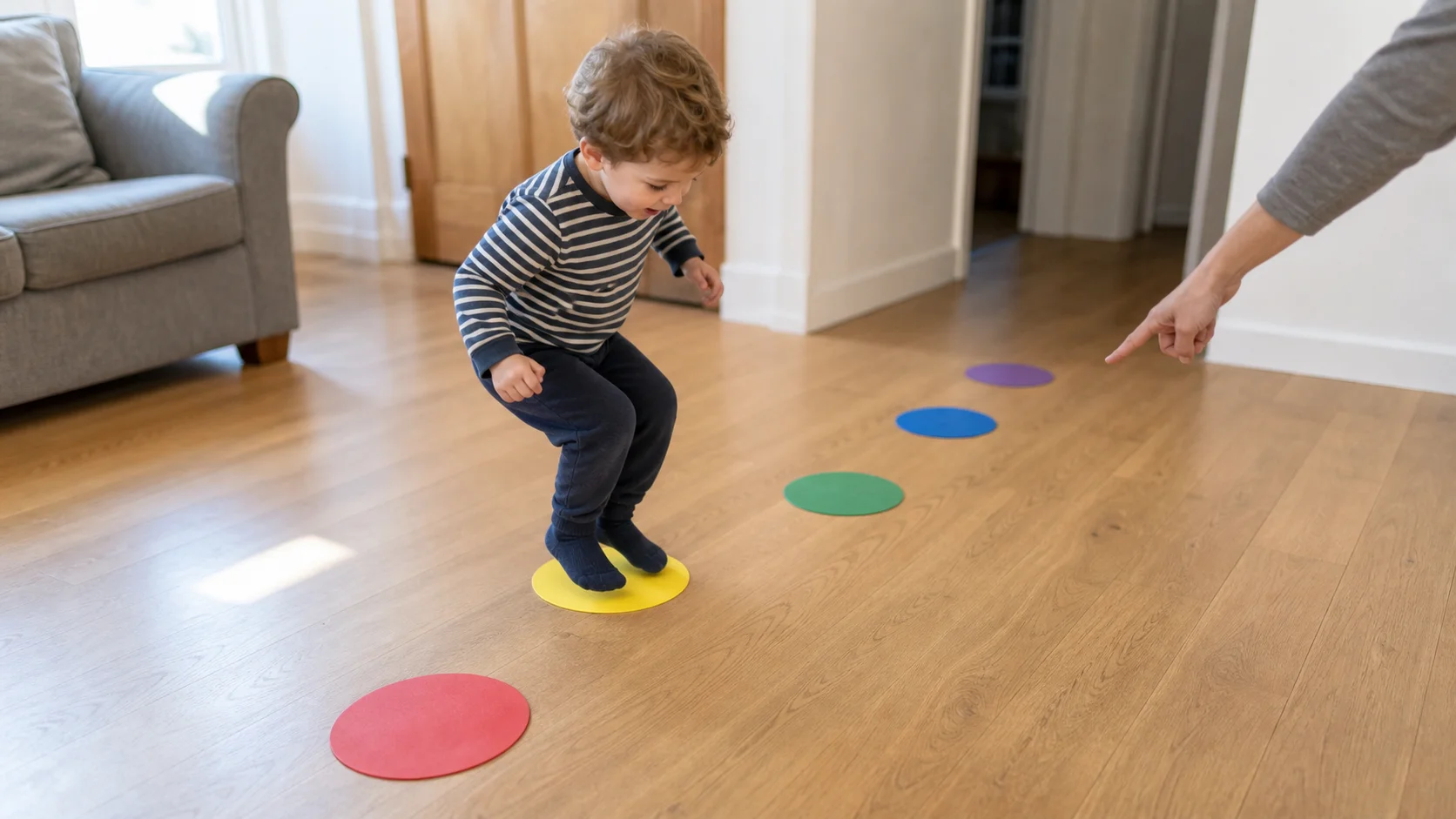 A toddler jumping onto bright floor spots in a short line on the living room floor while a grown-up points to the next spot.