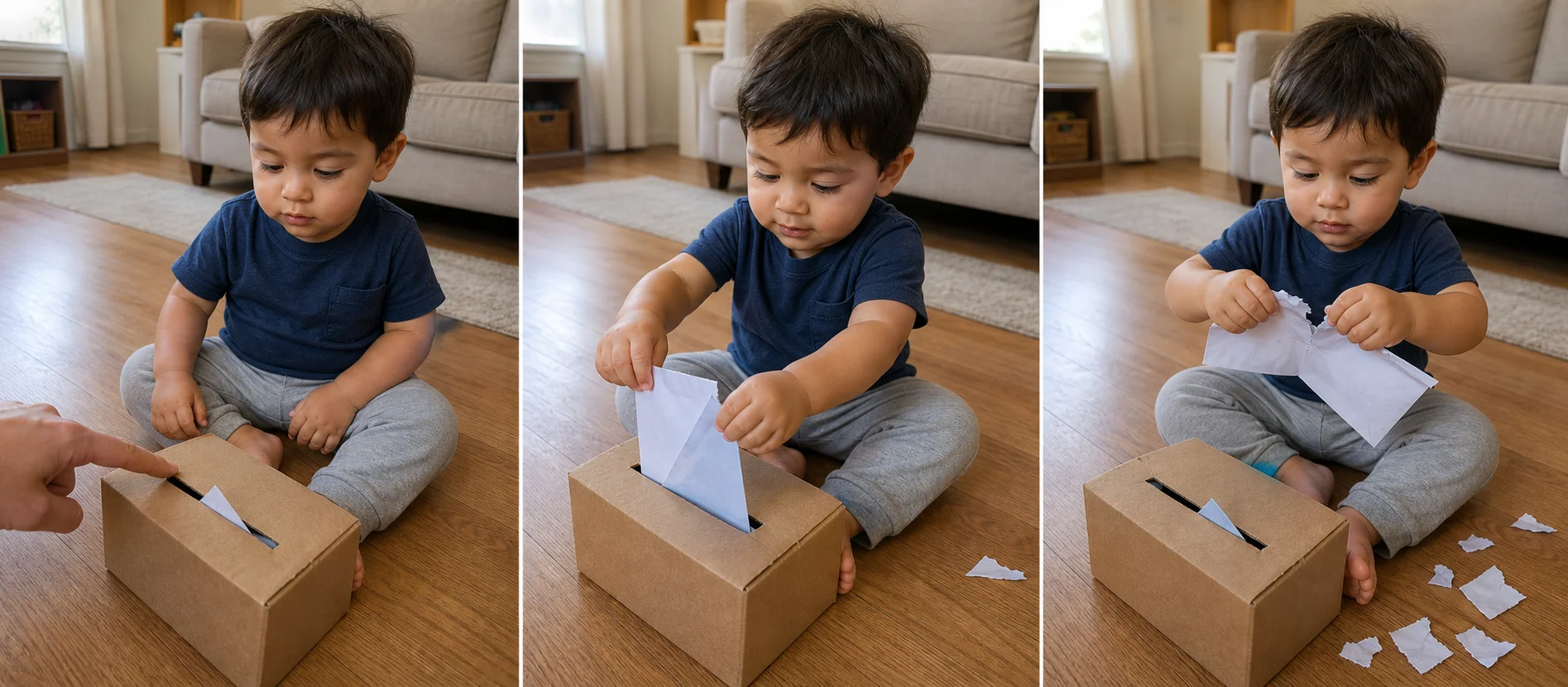 A three-panel sequence shows a toddler pulling paper from a cardboard mailbox, tearing it open, and reaching back for another piece.
