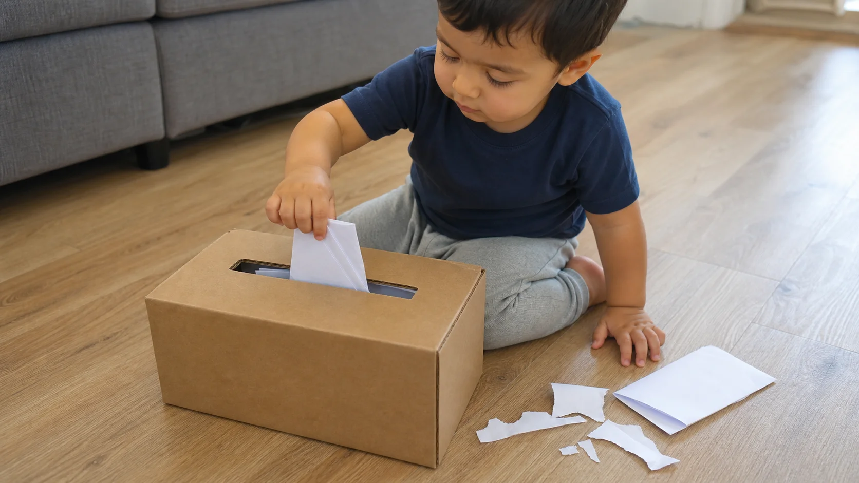 A toddler sits on the floor pulling an envelope from a small cardboard mailbox while torn paper pieces gather nearby.