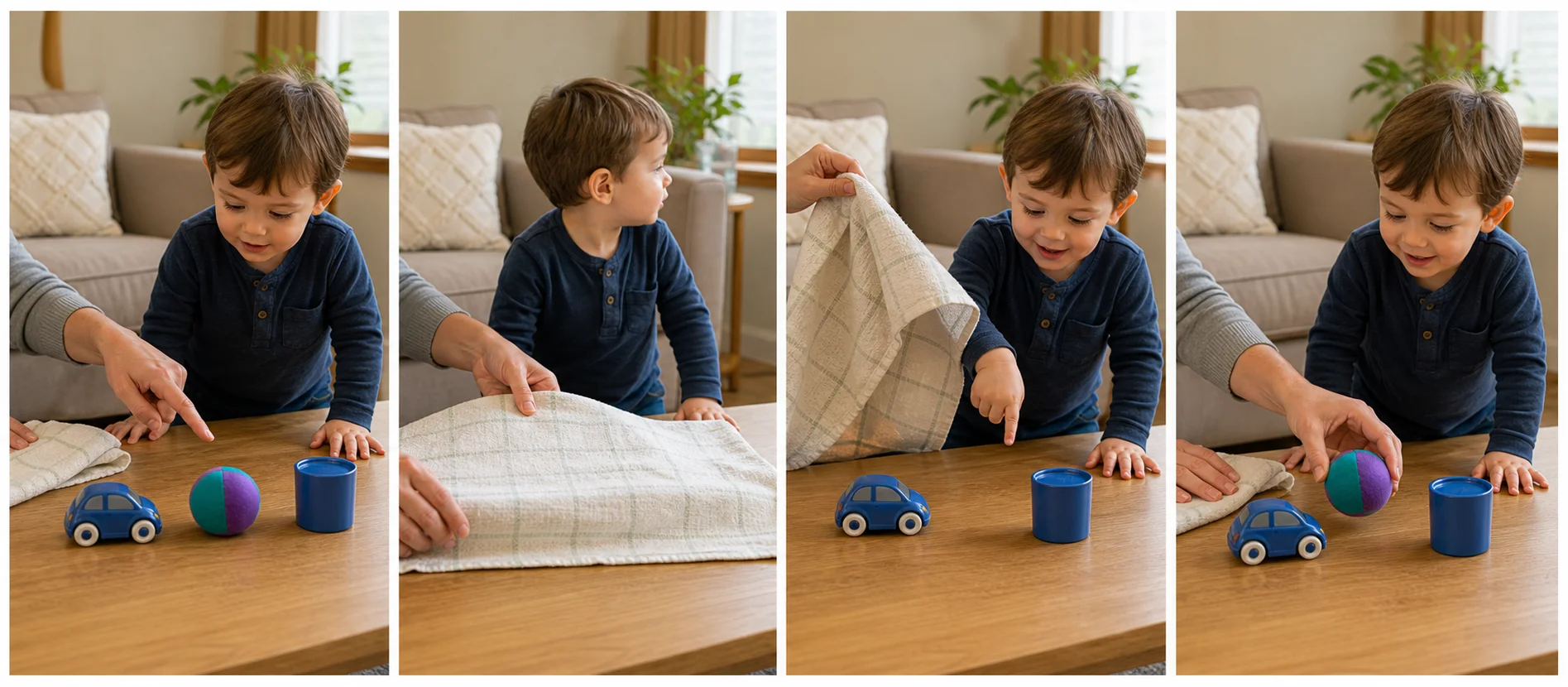 A multi-panel sequence showing a grown-up naming a few familiar objects, covering them, removing one, and a child spotting what is missing.