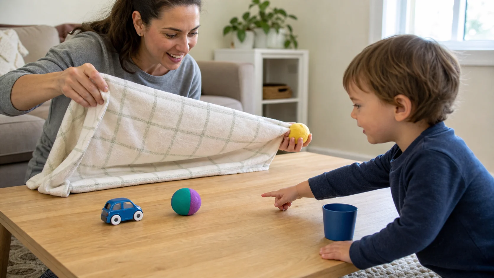 A young child looking at a small row of familiar objects while a grown-up lifts a cloth to reveal one missing item.