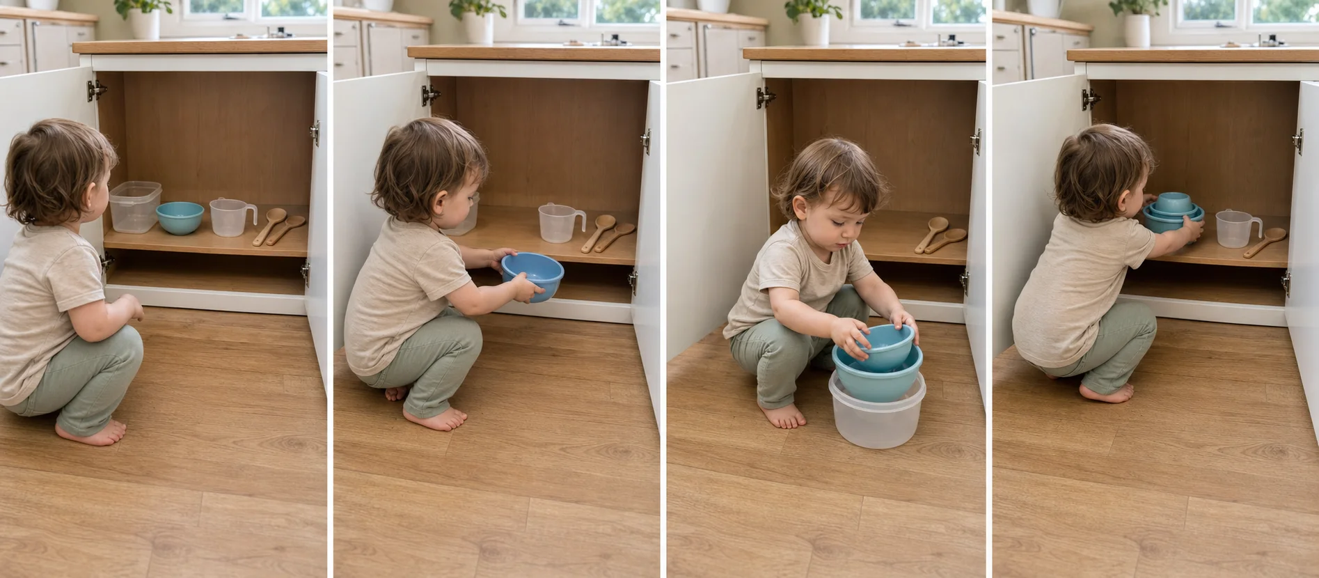 Four panels showing a low shelf with bowls and cups, a toddler pulling one item out, stacking or nesting pieces on the floor, and dumping them back for another round.