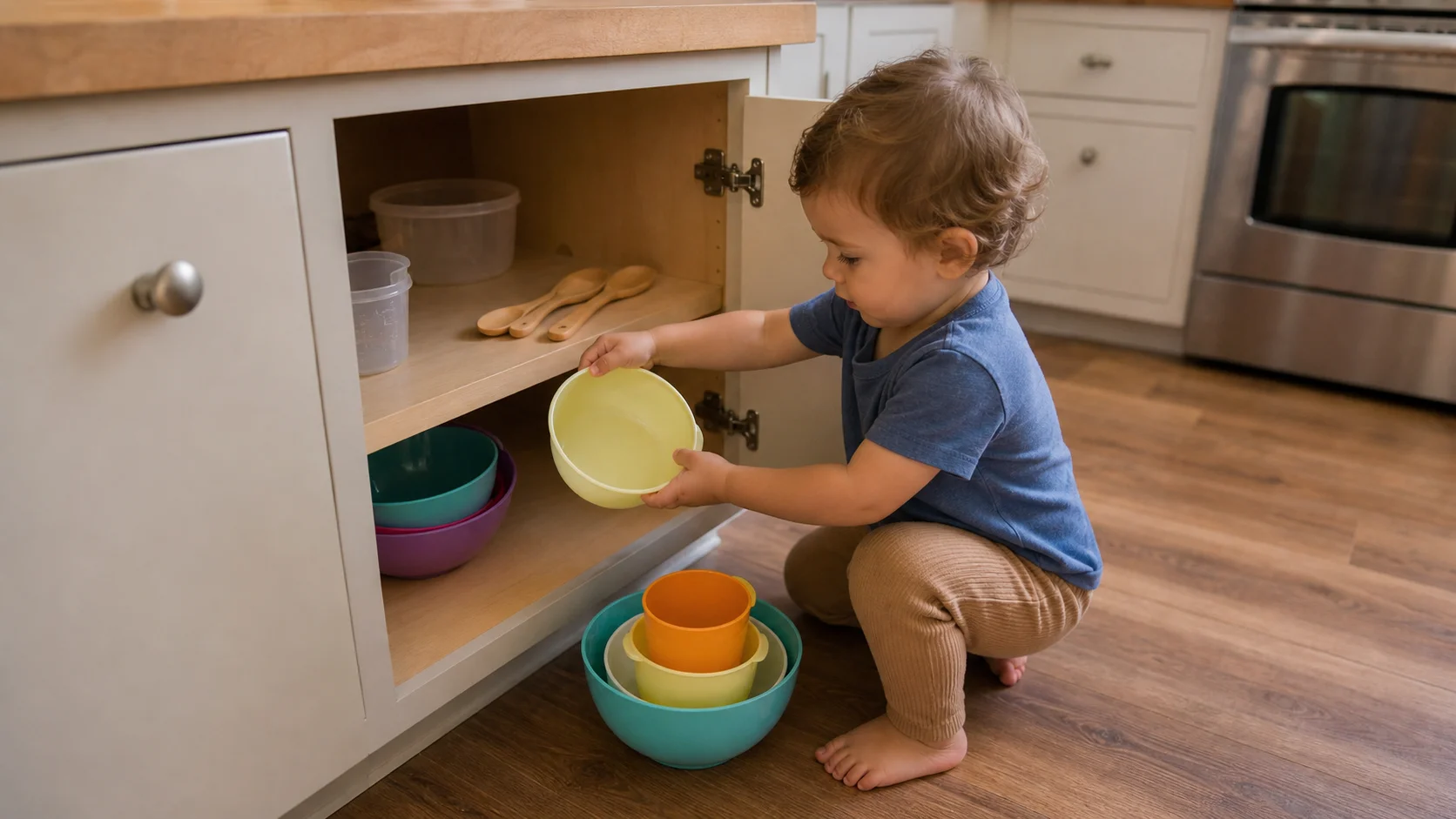 A toddler sitting by a low kitchen cupboard, pulling out plastic bowls and measuring cups to stack on the floor.
