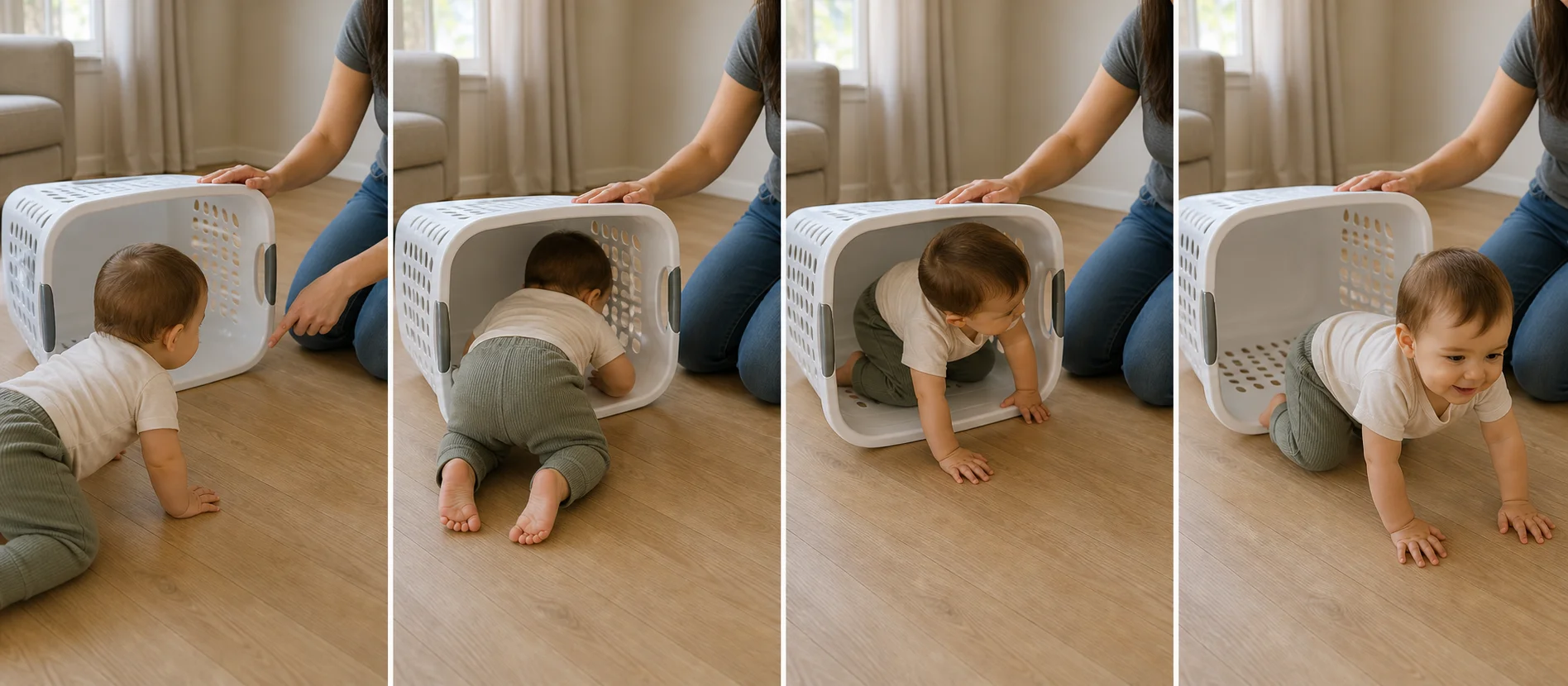 A multi-panel sequence showing a toddler crawling into a laundry basket, turning inside, and climbing back out for another round.