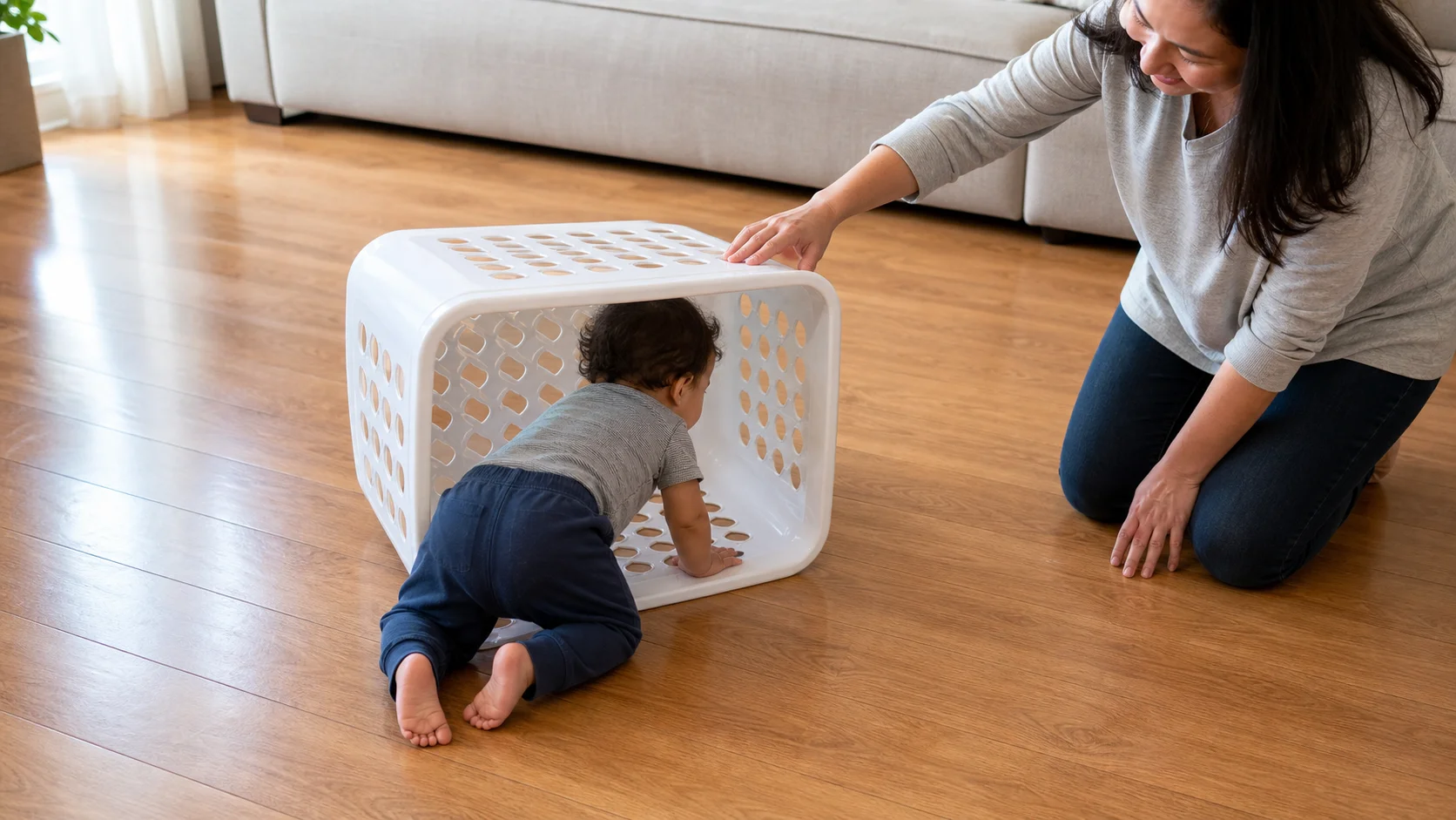 A toddler crawling into an empty laundry basket on the floor while a grown-up stays close beside it.