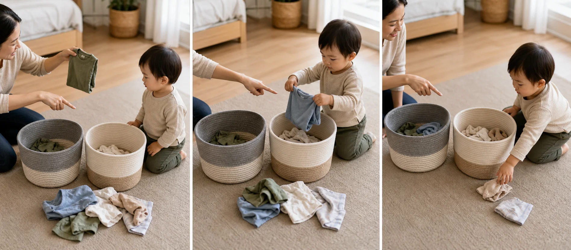 A multi-panel sequence showing two laundry baskets on the floor, a small pile of clean clothes, a child sorting one item into the right basket, and the finished sorted baskets.