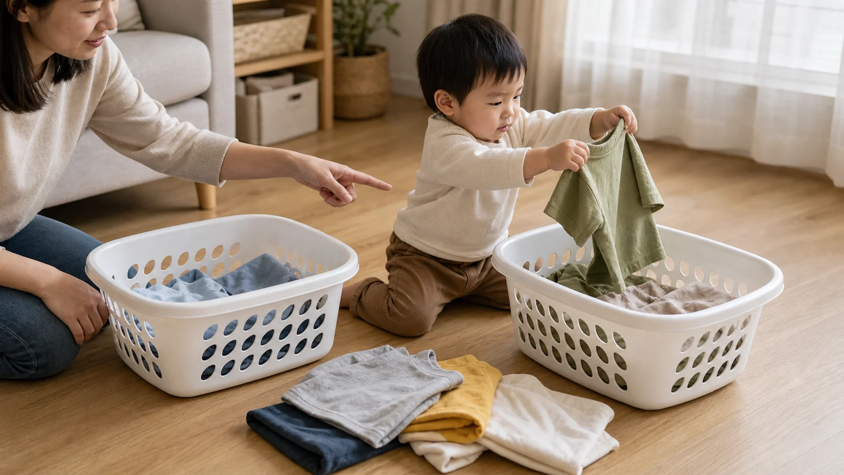 A toddler drops a clean shirt into the correct family laundry basket while a grown-up points to the target basket on the floor.