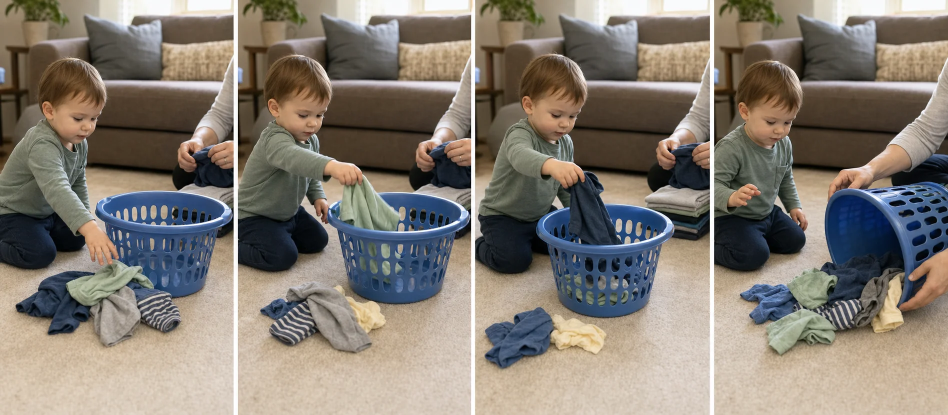 A multi-panel sequence showing a small pile of clean clothes on the floor, a child loading them into a basket, the basket being tipped out, and the next round beginning.