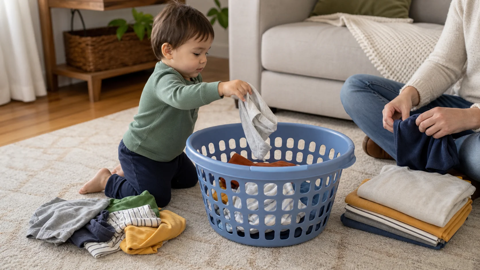 A toddler kneels beside a laundry basket and drops a clean shirt inside while a grown-up folds clothes nearby.