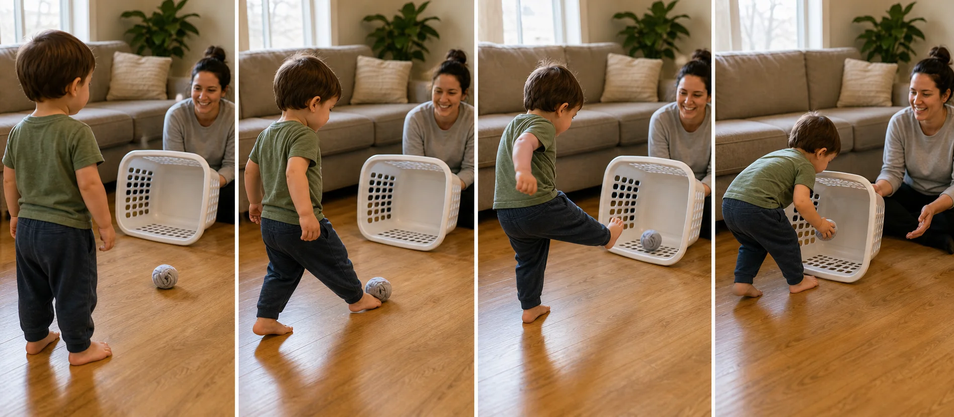 Multi-panel sequence of a toddler lining up a soft ball, kicking it toward a laundry basket goal, then walking to retrieve it