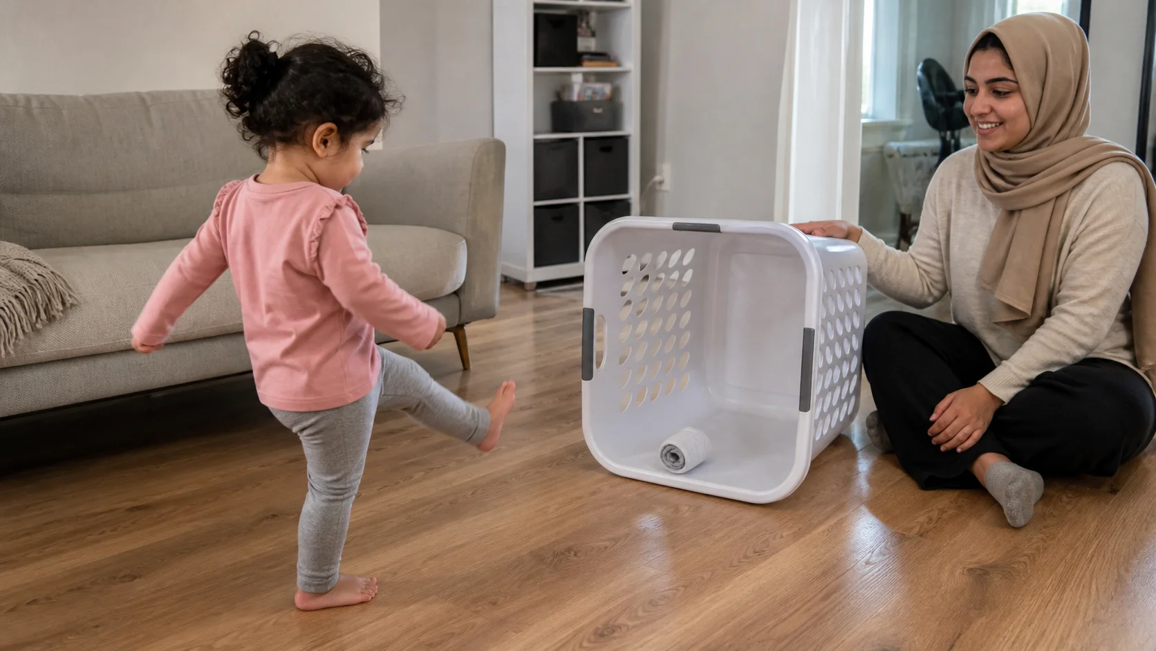 Toddler kicking a soft ball toward a laundry basket turned on its side like a goal on the living room floor
