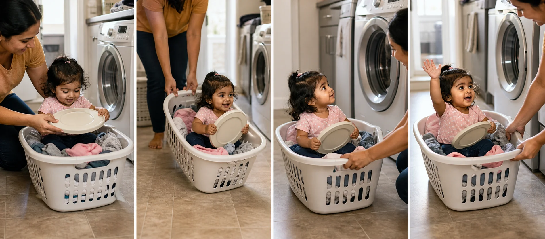 Four panels show clothes padding a laundry basket, a child seated with a plate steering wheel, a short basket ride toward the washer, and a pause while the child signals for another turn.
