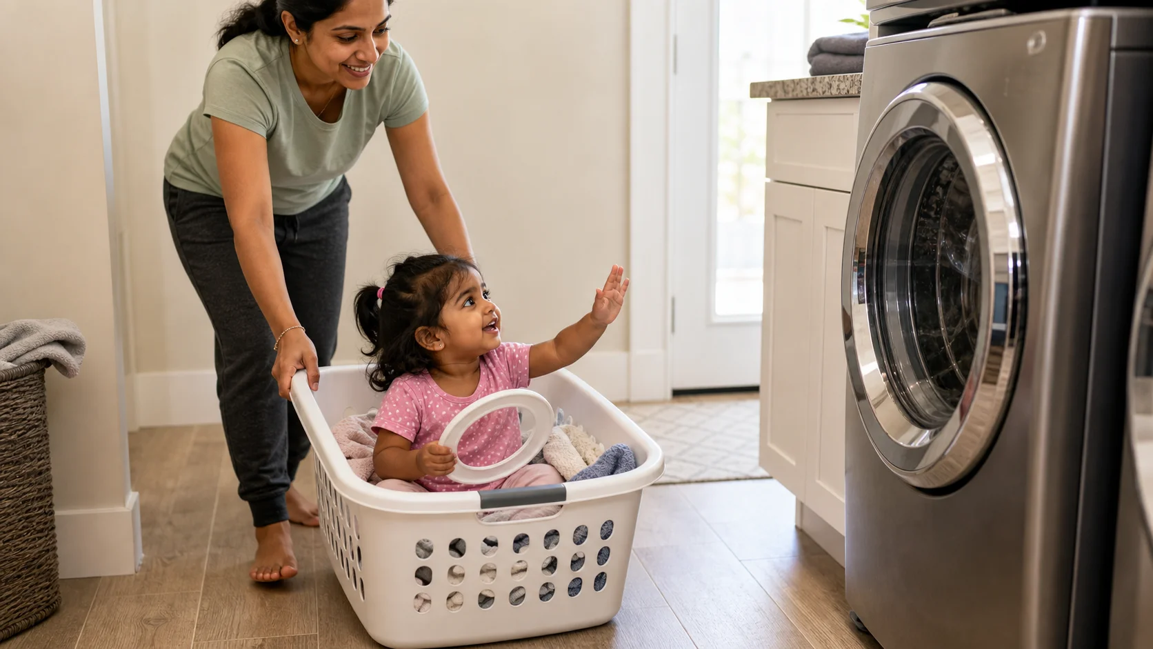 A toddler sits on clothes inside a laundry basket holding a pretend steering wheel while a grown-up pulls the basket toward a washing machine.