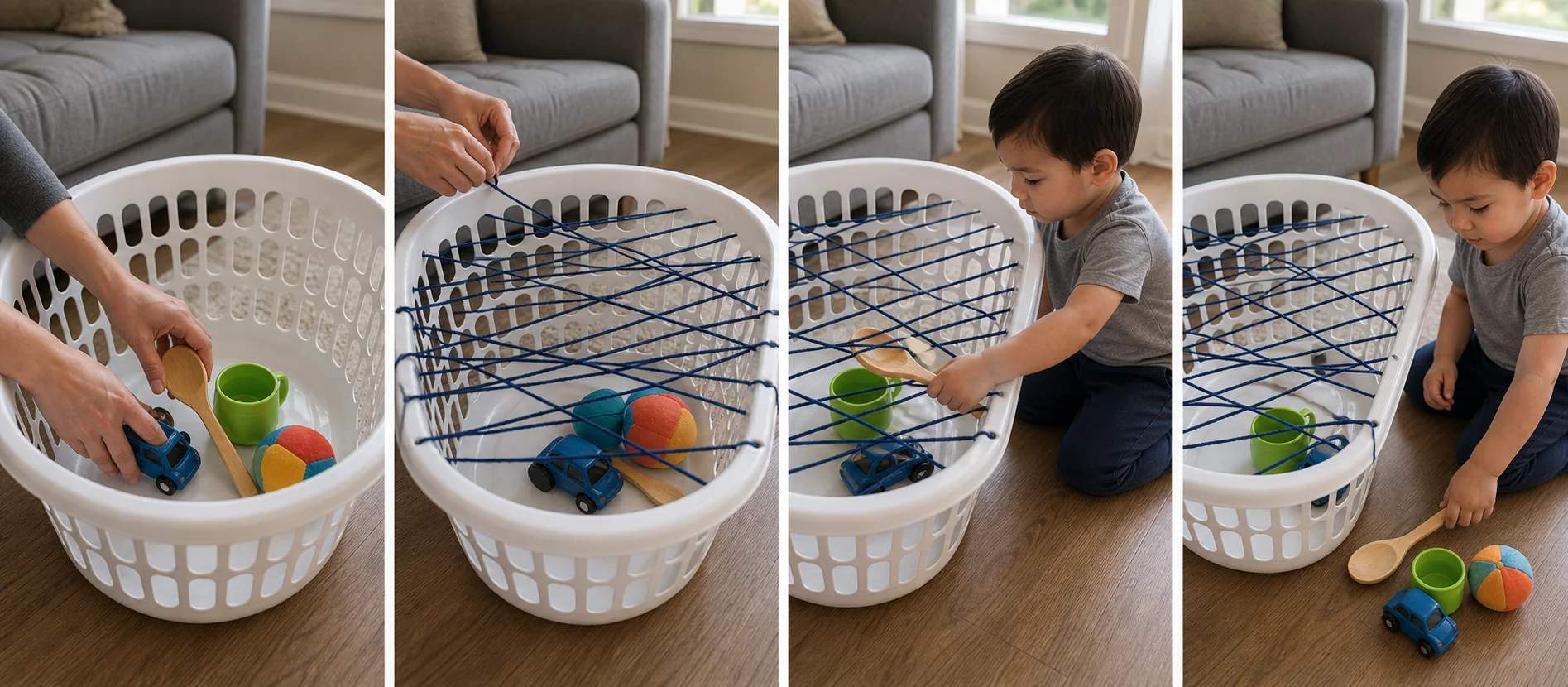 Four panels showing a grown-up placing a few toys in a laundry basket, weaving yarn across the openings, a toddler pulling one item free through a gap, and the basket being reloaded for another rescue round.