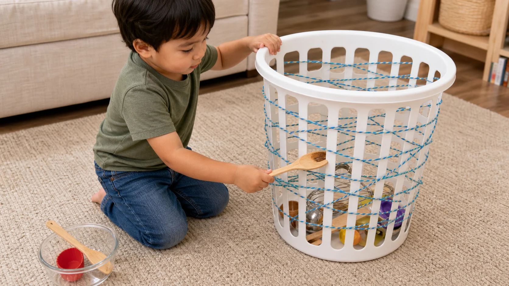A toddler kneeling beside a laundry basket woven with yarn and pulling a spoon through an opening while other trapped toys wait inside.