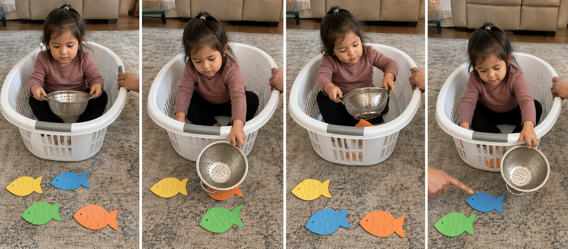 Multi-panel sequence showing a child in a laundry-bin boat scooping a fish, dropping it inside, rowing once, and catching another fish.