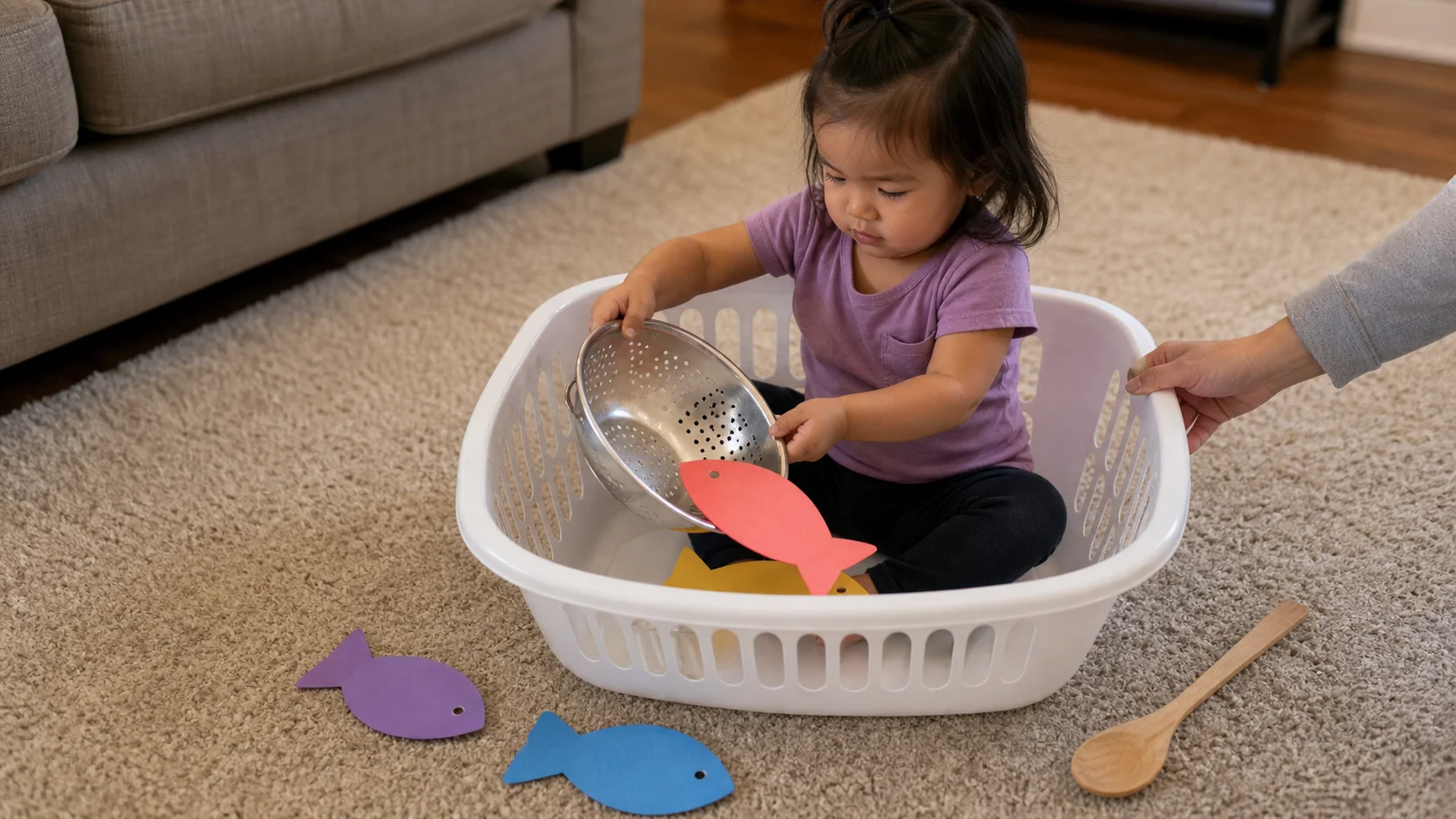 Toddler sitting in a steady laundry-bin boat and scooping paper fish with a colander while a grown-up watches nearby.
