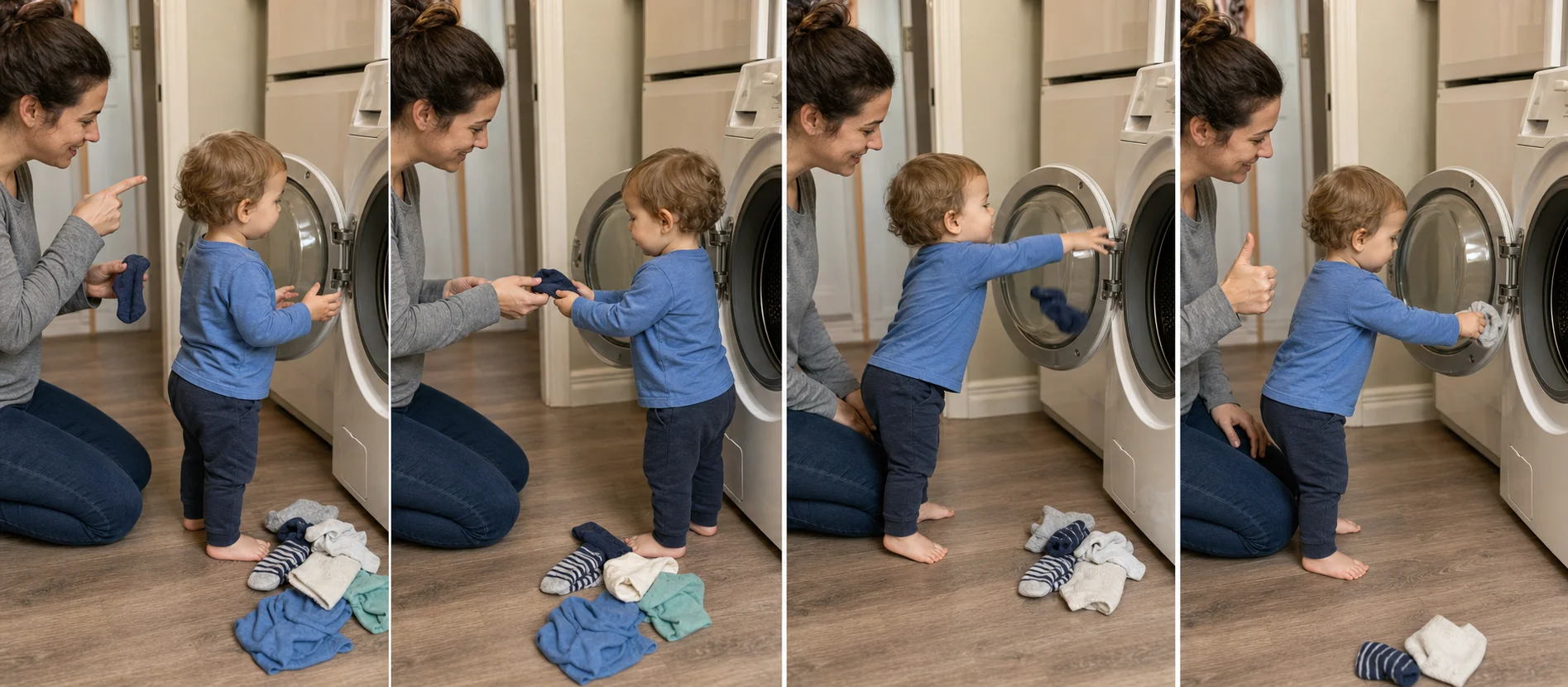 Four panels show a grown-up holding up one clothing item, a toddler dropping it into the washer, reaching for the next piece, and finishing the last short loading turn.