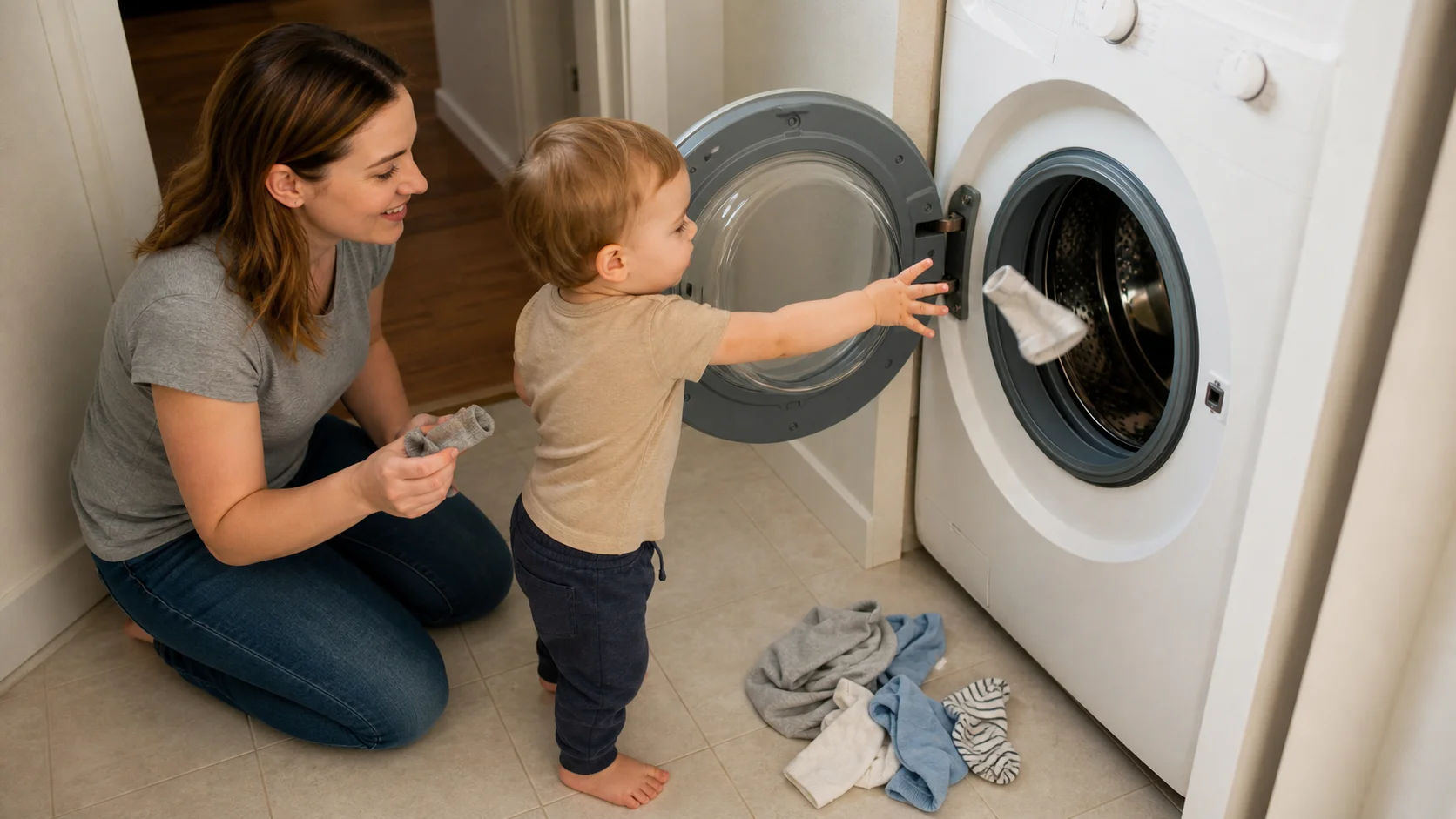 A toddler standing beside an open washing machine drops a sock inside while a grown-up kneels nearby with the next clothing item.