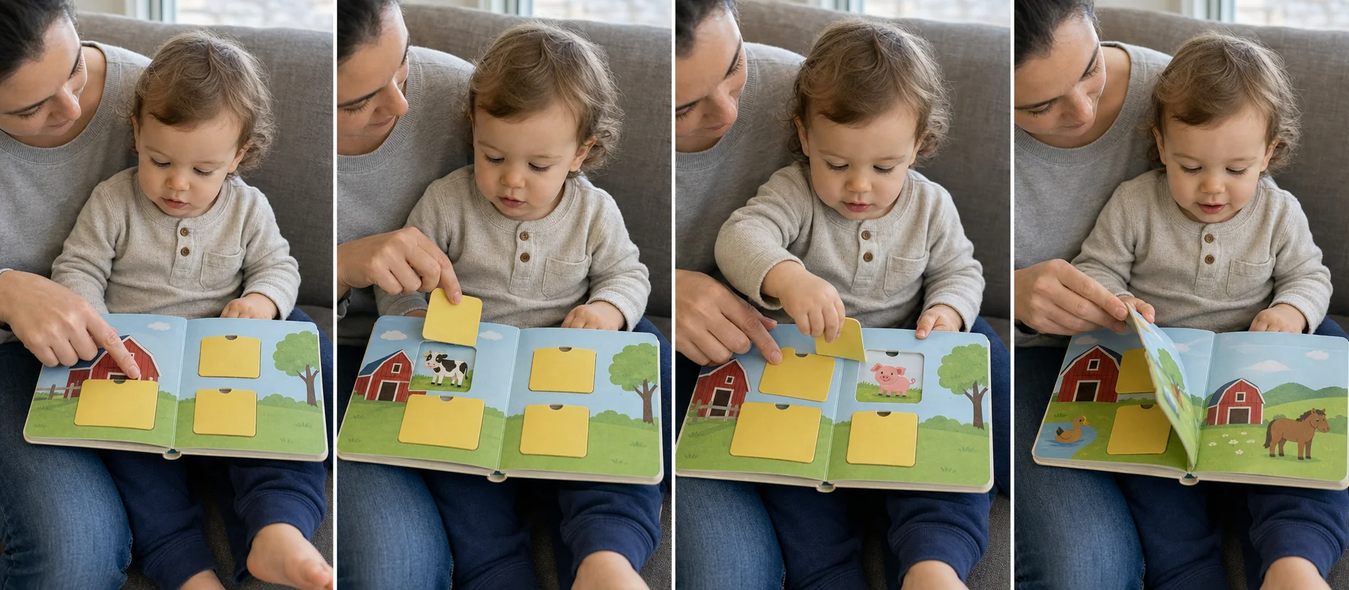 Four panels showing a grown-up opening the first flap, a child taking the next flap turn, both looking underneath, and the page turning for another round.