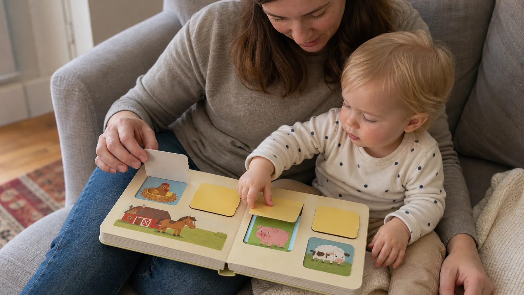 A toddler and grown-up sitting together with a sturdy lift-the-flap board book open between them while the child lifts one flap.