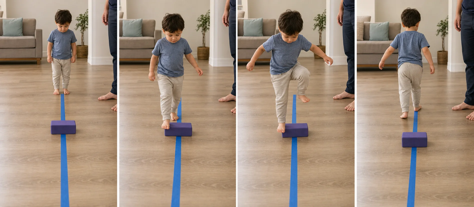 A multi-panel sequence showing a child walking a floor line, stepping over a low obstacle, turning around, and walking back.