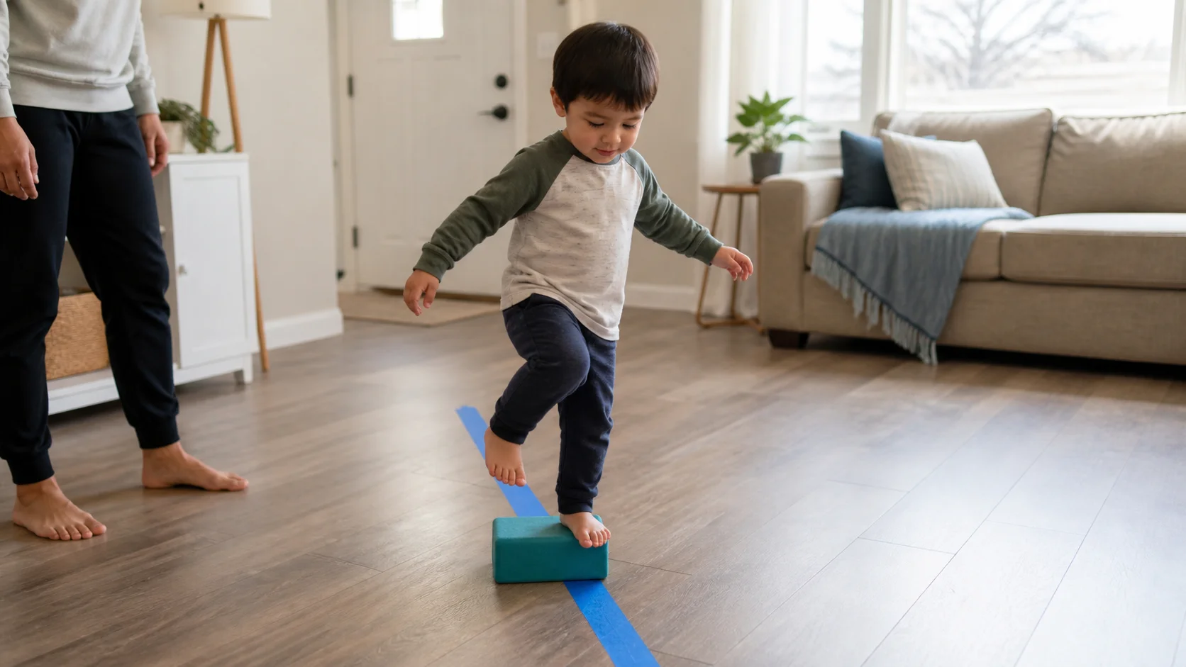 A young child walks along a taped floor line and steps over a low soft obstacle while a grown-up stays nearby.