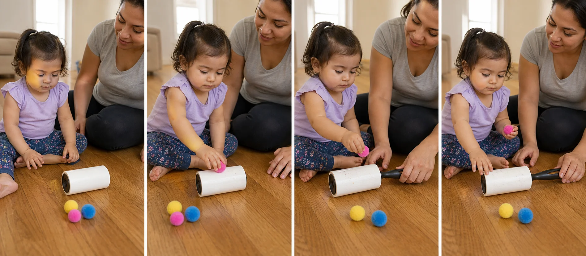 A toddler watches a pom-pom stick to a lint roller, peels it off, and reloads another one.