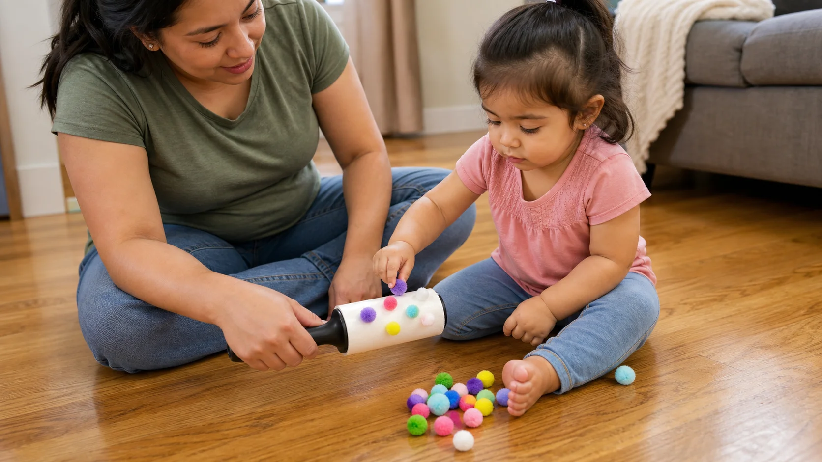 A toddler pressing colorful pom-poms onto a sticky lint roller with an adult close by.