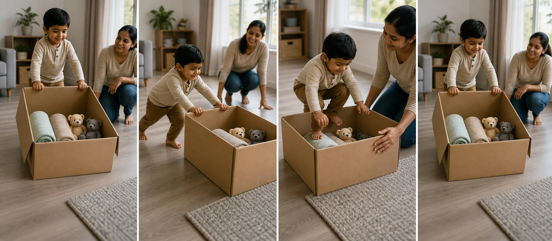 A multi-panel sequence showing a child pushing a loaded cardboard box to a stop spot, climbing on or over it, and returning to the start.