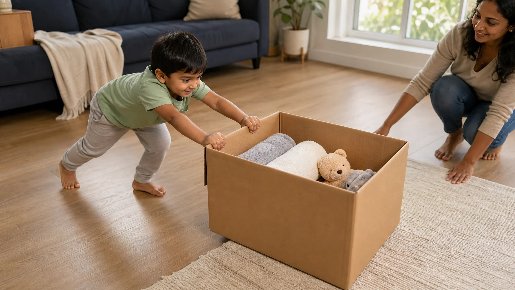 A young child pushes a loaded cardboard box across an open floor while a grown-up stays close beside them.