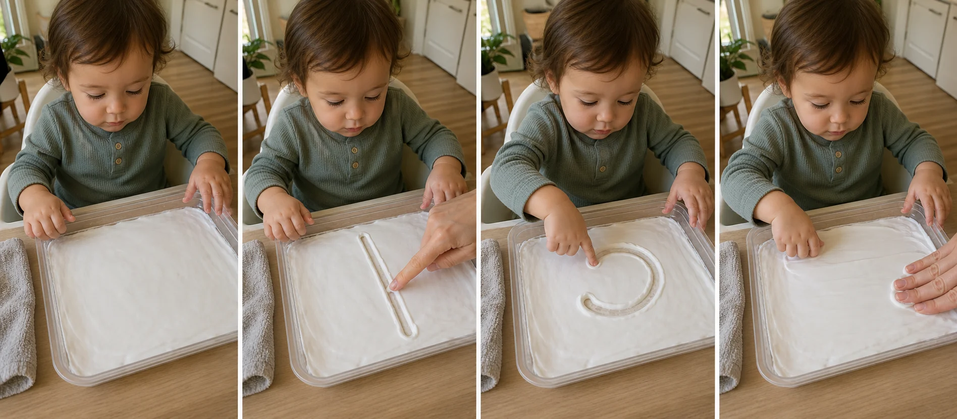 Four panels showing a tray with a thin lotion layer, a grown-up making one sample line, a toddler tracing a swirl, and the tray being smoothed for the next turn.
