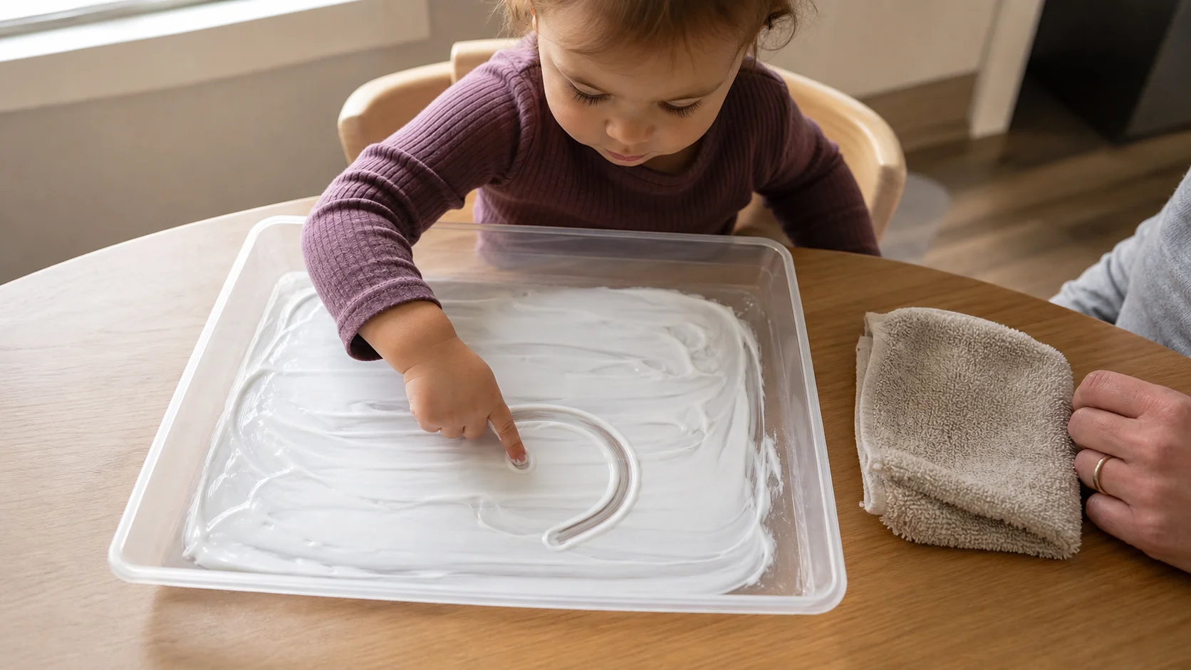 A toddler tracing one finger through a thin layer of lotion on a shallow tray while a grown-up watches nearby with a towel ready.