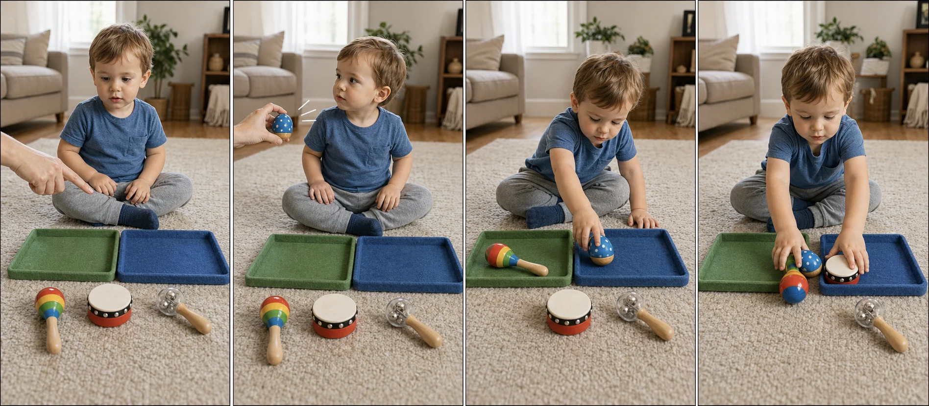 Four panels showing a grown-up making one short sound, a toddler listening, the child sorting the sound-maker to the loud or quiet side, and the pieces returning to the middle for another turn.