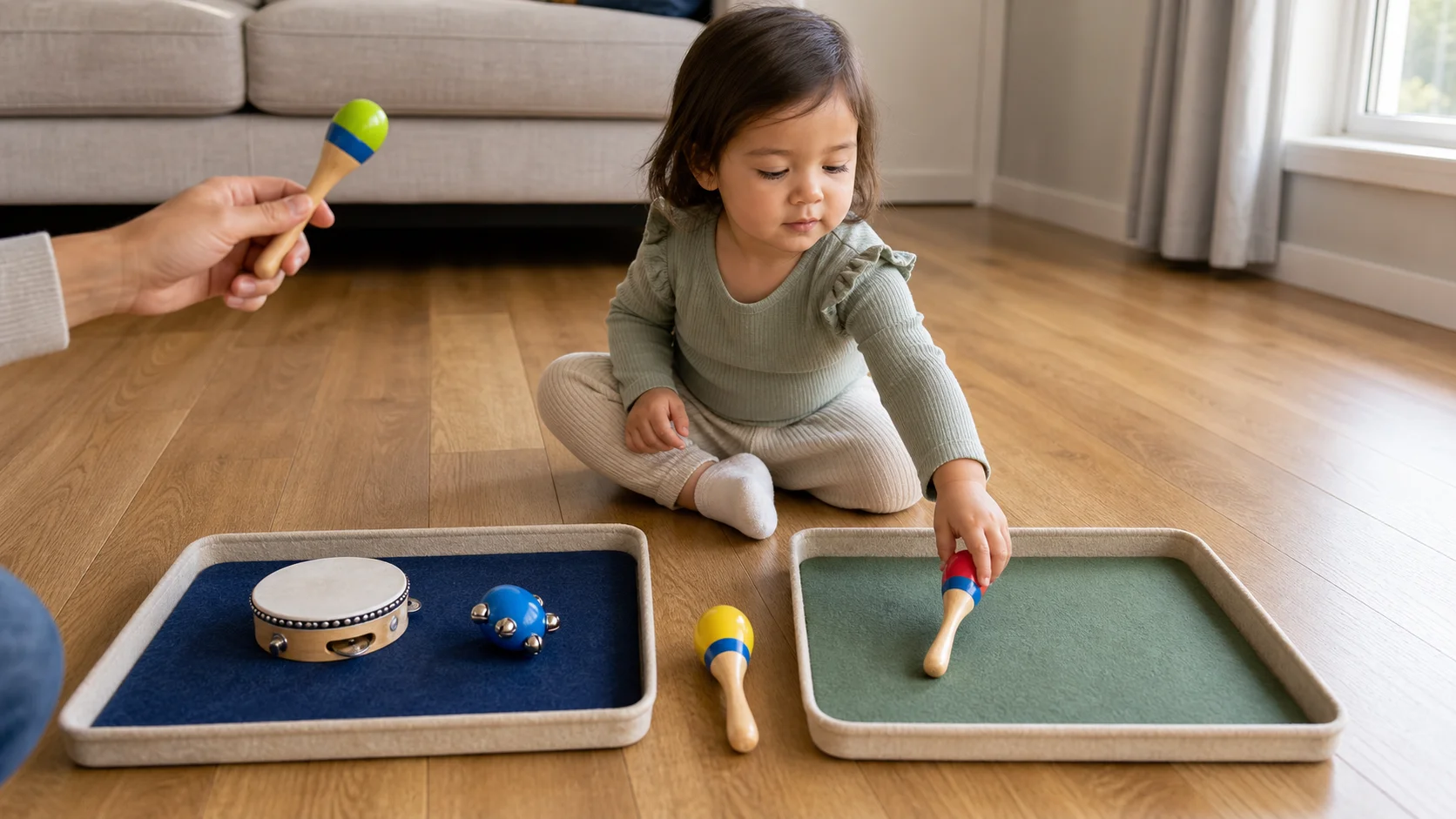 A toddler sitting with a few simple sound-makers and moving one instrument to a loud or quiet sorting spot after listening to it.