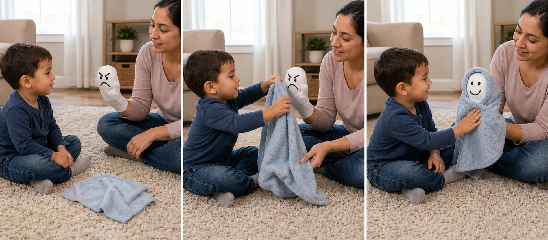 Three panels showing Molly looking mad, a child bringing the blanket, and the puppet smiling after the wrap.