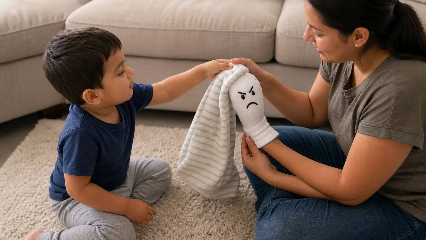 A toddler handing a small blanket to a sock puppet with a drawn mad face during floor play.