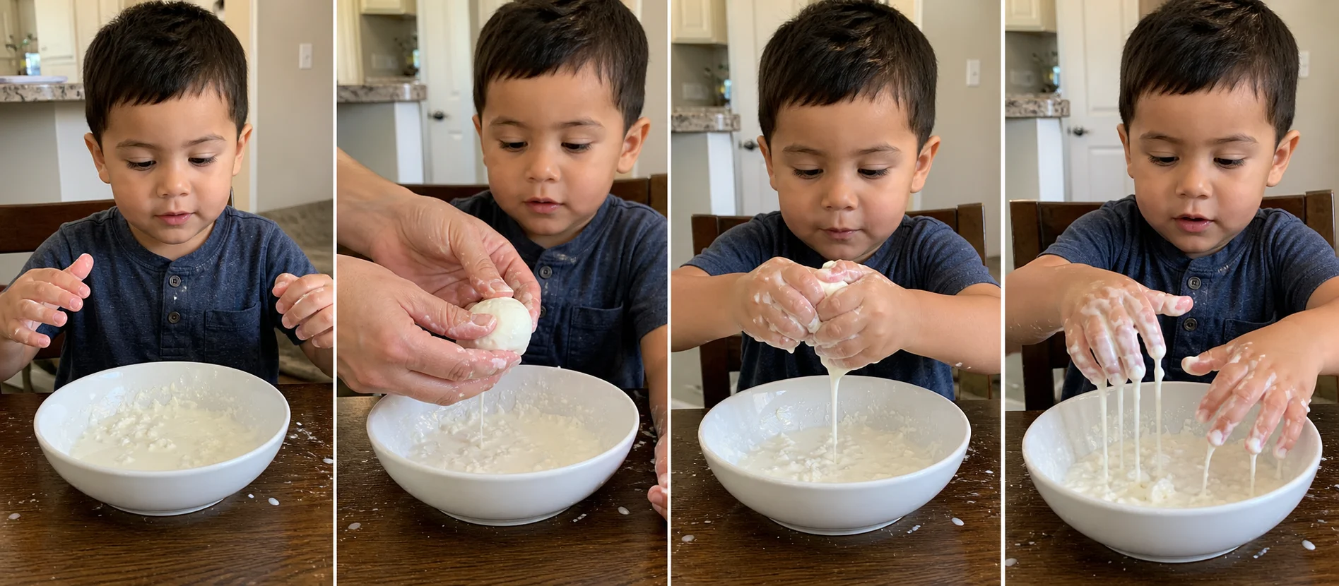 Four panels show the bowl of mixture, a grown-up rolling one quick ball, a toddler squeezing the mixture, and the ball melting back through the child's fingers over the bowl.