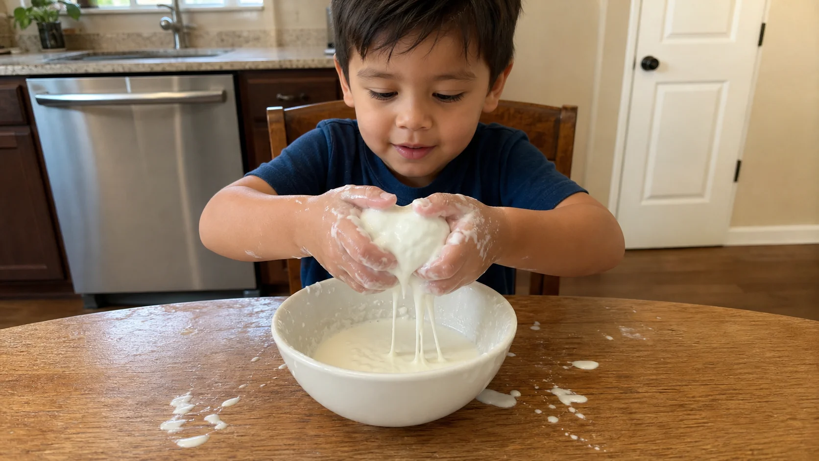 A toddler at a table squeezes a small handful of cornstarch mixture over a bowl while a grown-up watches nearby.