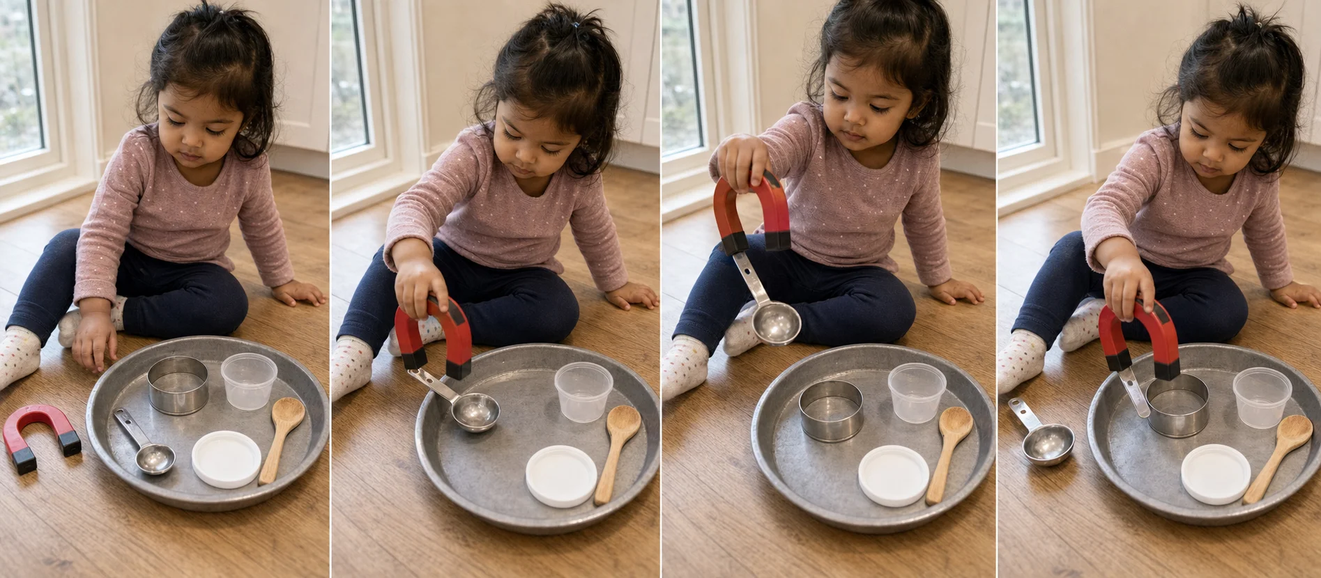 Three steps showing a toddler testing objects with a magnet, noticing what sticks, and sorting the pieces.