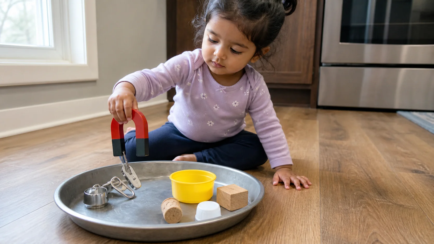 A toddler using a large magnet to lift a safe metal item from a pie pan.