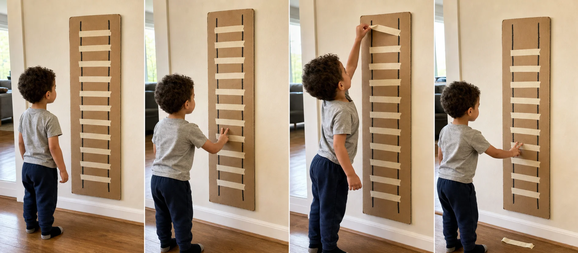 A sequence showing a grown-up modeling two-finger climbing, a child peeling a tape rung, and the tape dropped into a floor pile.