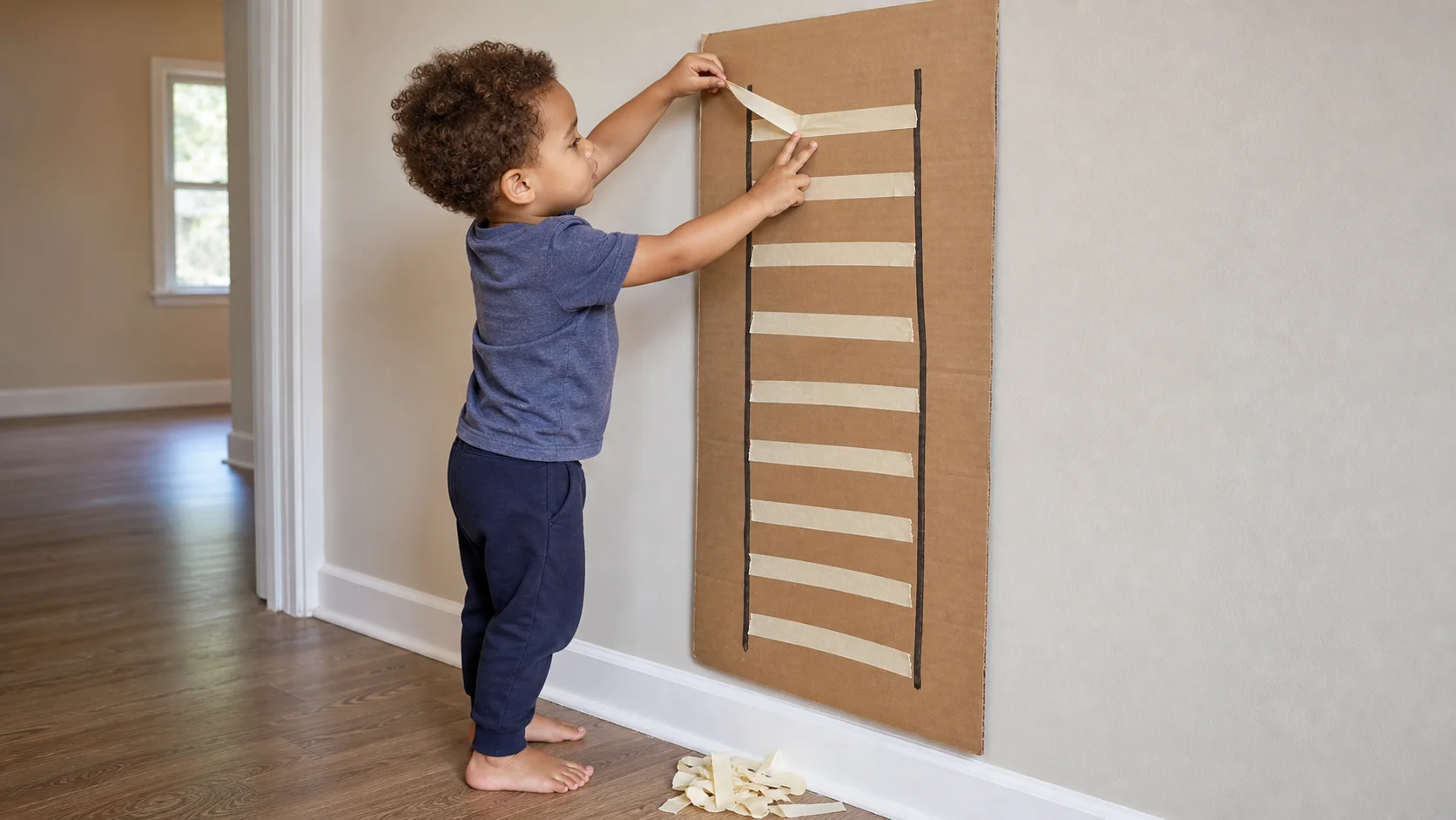 A preschool child peeling the top masking-tape rung from a cardboard ladder on the wall.