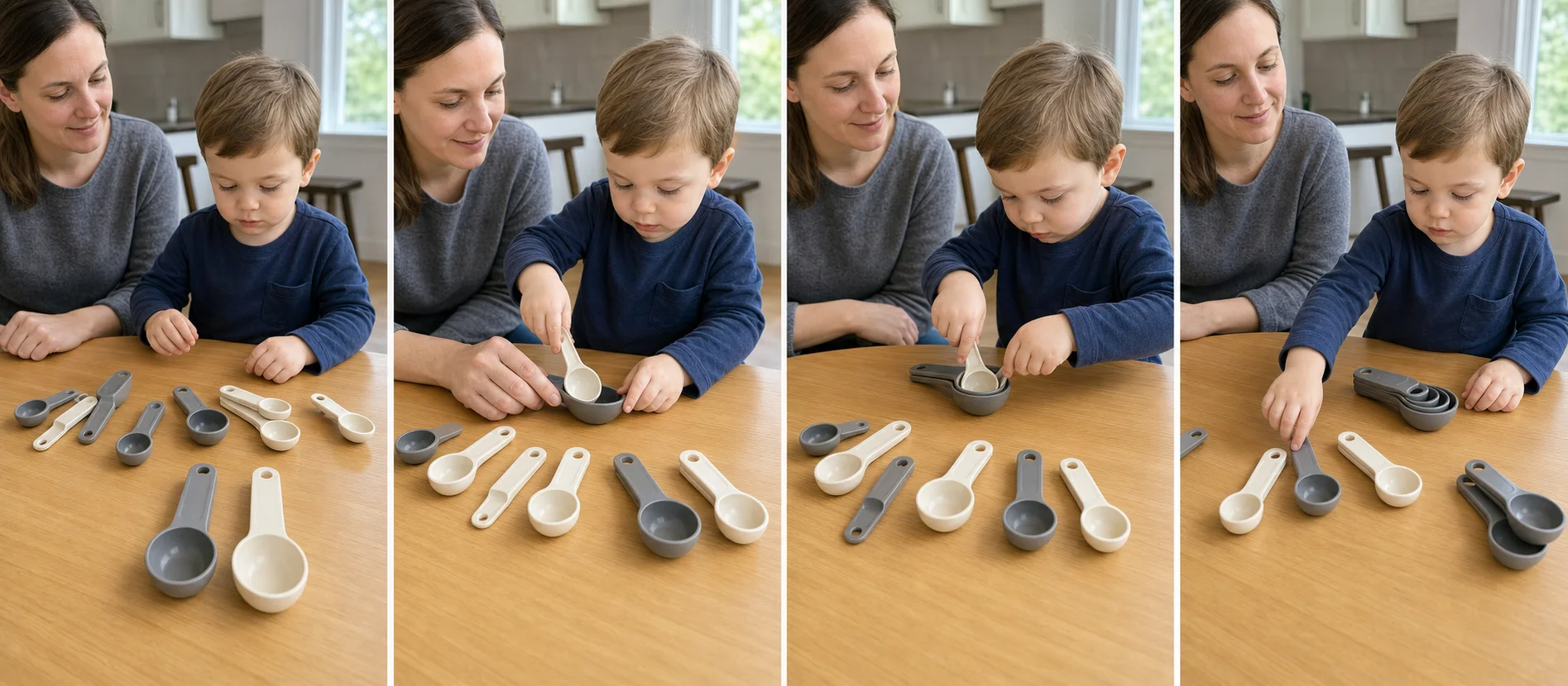 Multi-panel sequence showing a child choosing a measuring spoon, finding the same shape, fitting it inside, and finishing the stack.
