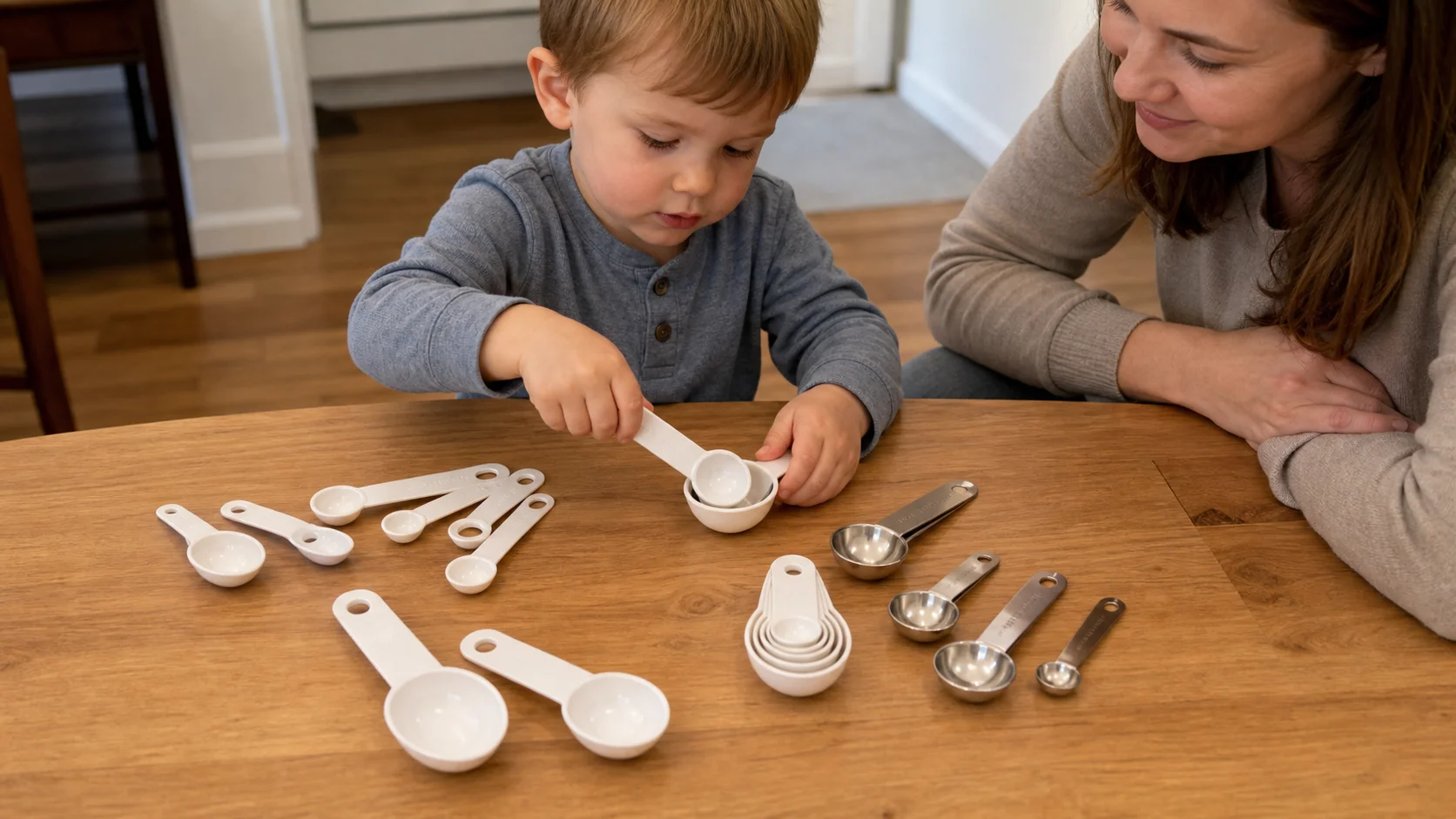 Toddler matching measuring spoons and nesting them into one stack on a low table.