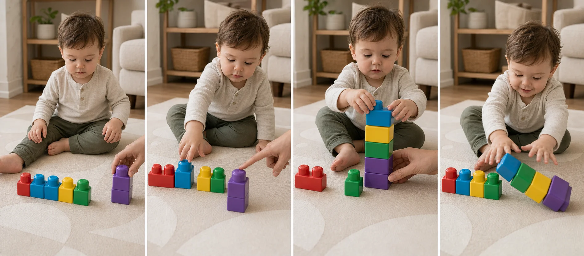 Four panels showing a grown-up setting out a short row of Mega Blocks, modeling the first stack, a child adding the next block to the tower, and the child knocking down the finished tower.