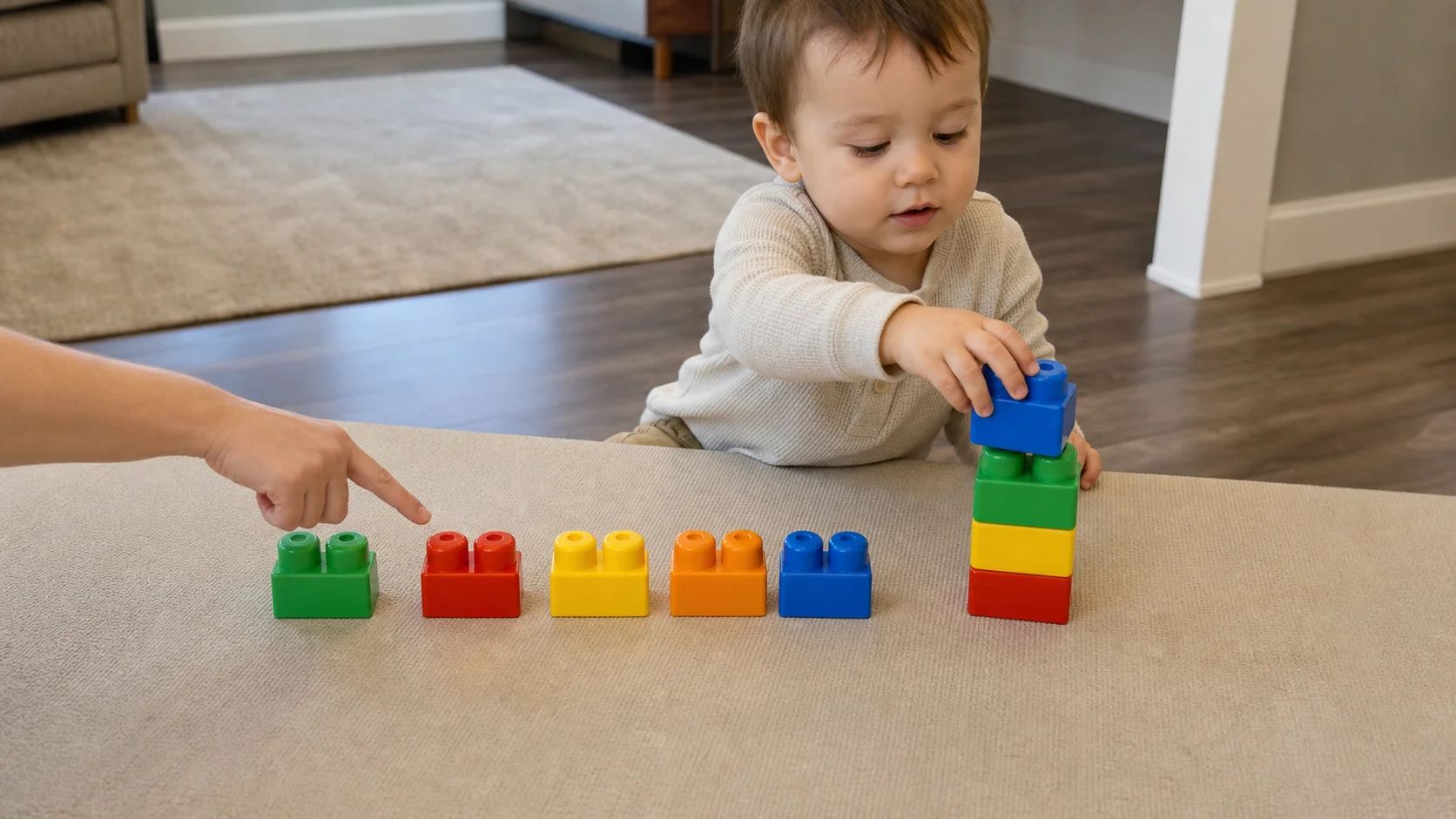 A toddler placing a large Mega Block onto a short tower beside a neat row of blocks on a low table while a grown-up points to the next block.