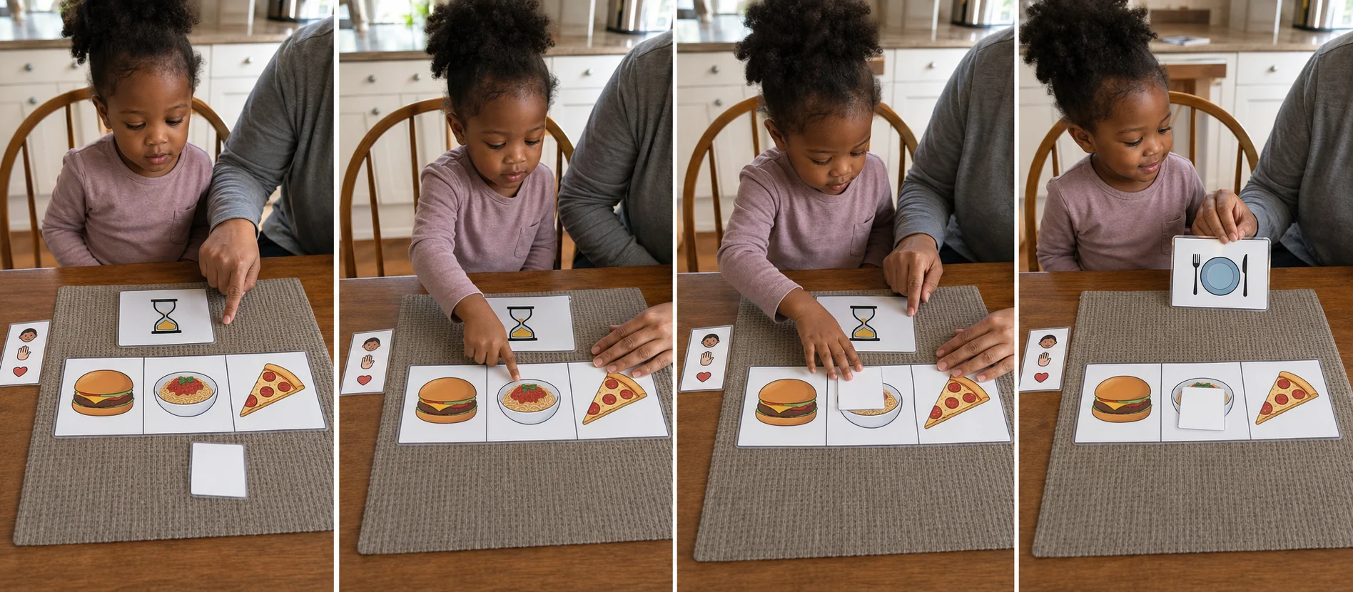 Three panels showing a child choosing a menu picture, placing an order ticket, waiting, and flipping the card to food here.