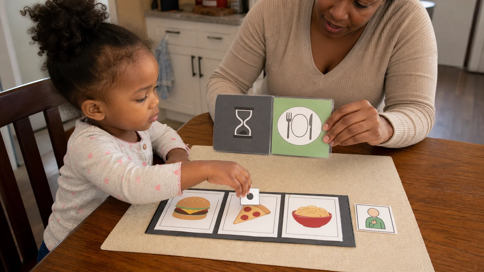 Toddler choosing from a picture menu at a kitchen table with an order ticket and wait card nearby.