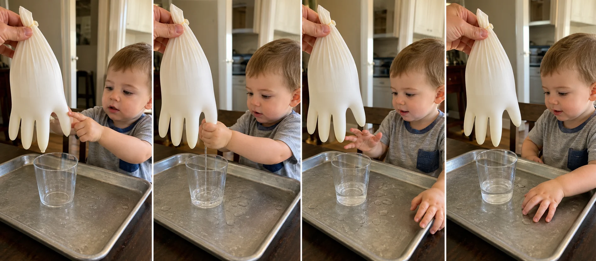 Three panels showing a grown-up holding the glove, a child squeezing one finger, liquid landing in a cup, and the glove resetting.